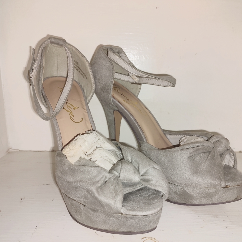 Faux suede grey low platform heels with ankle strap